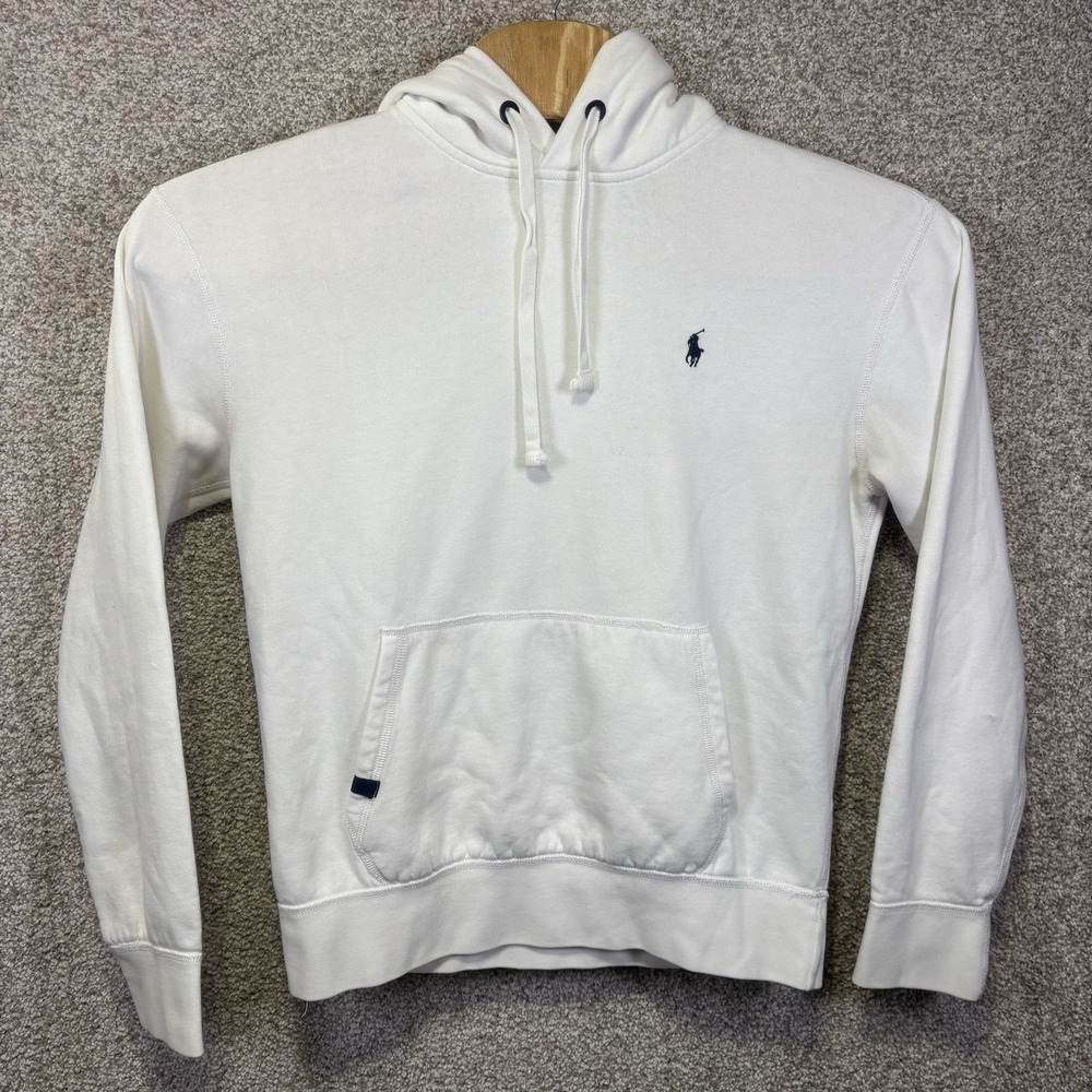 Polo Ralph Lauren Hoodie Mens Medium White Fleece Pullover Logo Sweatshirt
